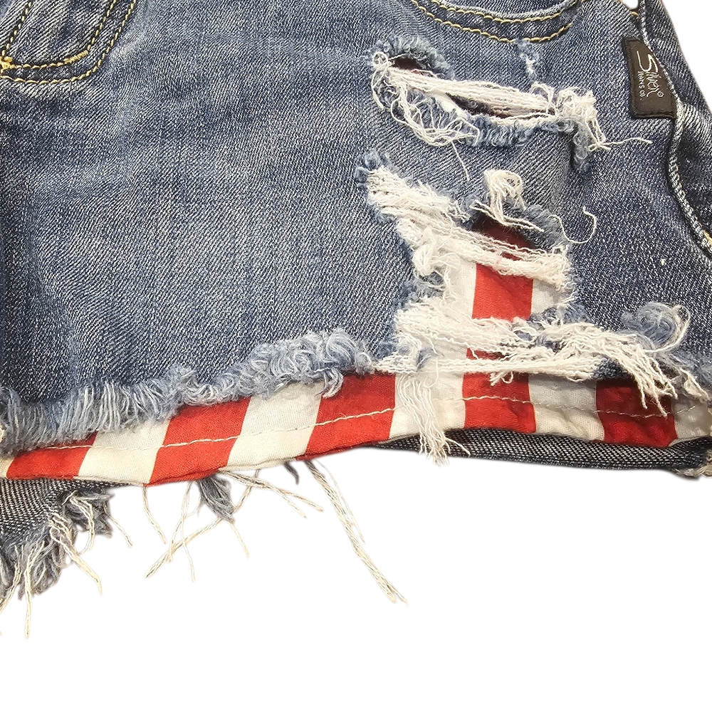Silver Jeans Co. Boyfriend Distressed Denim Shorts American Flag Patchwork 25 - Picture 3 of 7